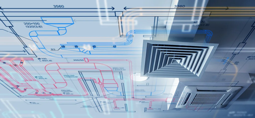 Vents in a ceiling with blueprints overlapping