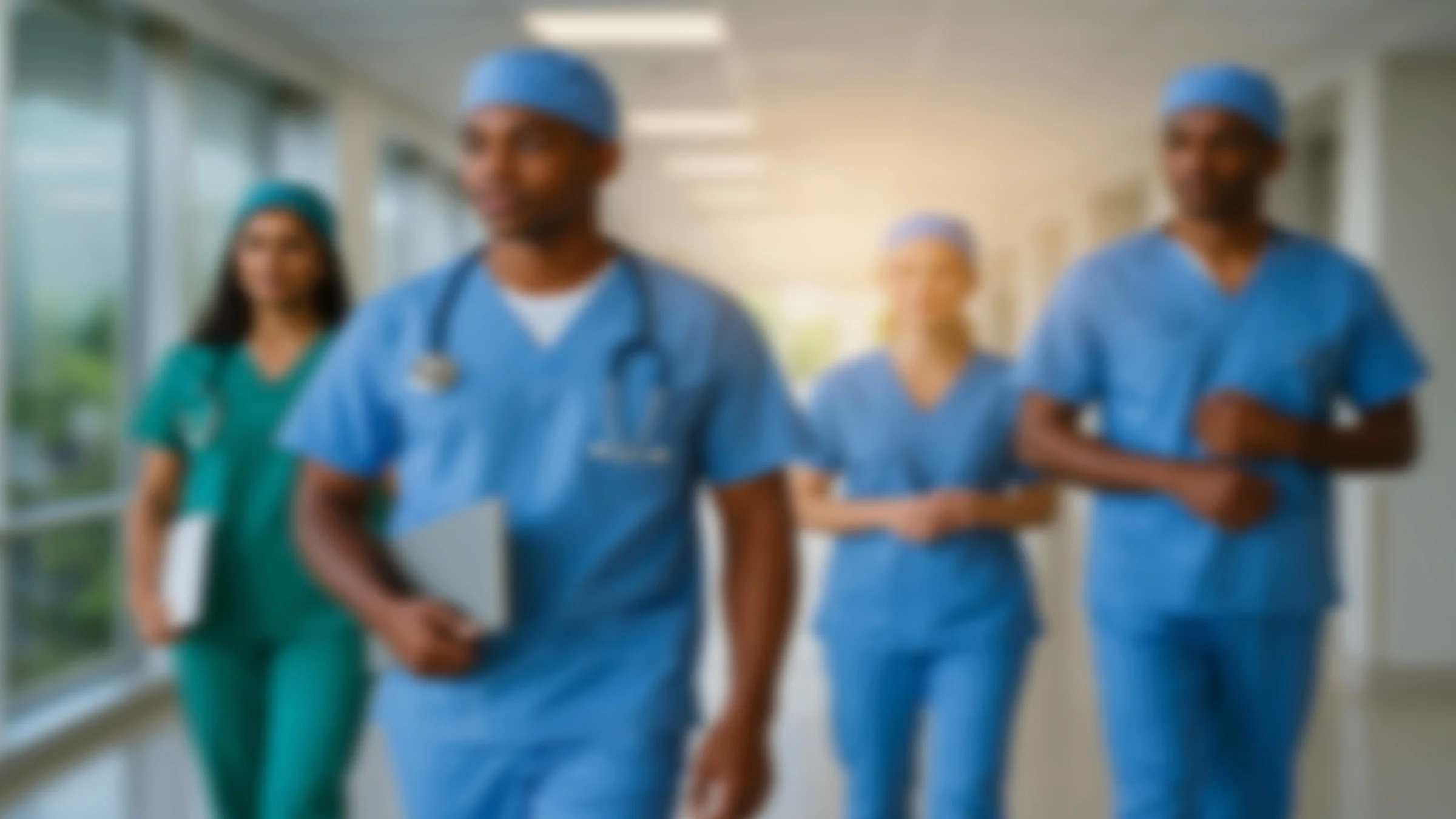 4 blurry doctors walking down hall