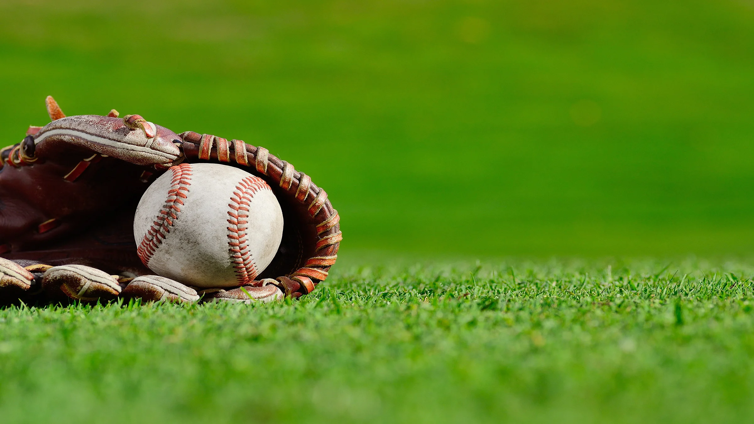 Baseball in baseball glove on green field