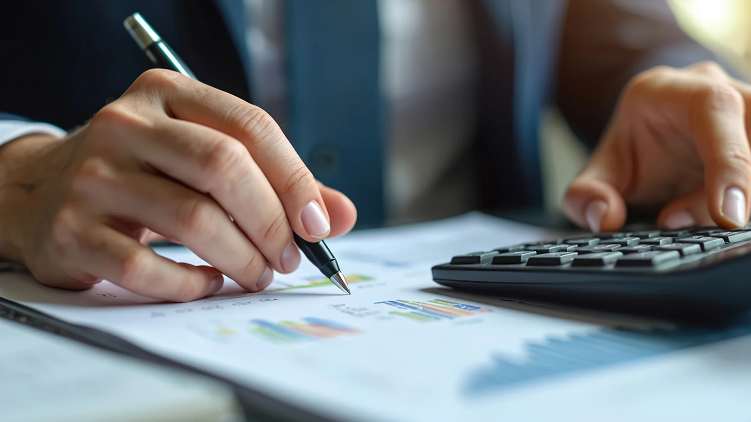 Man with calculator and pen doing taxes