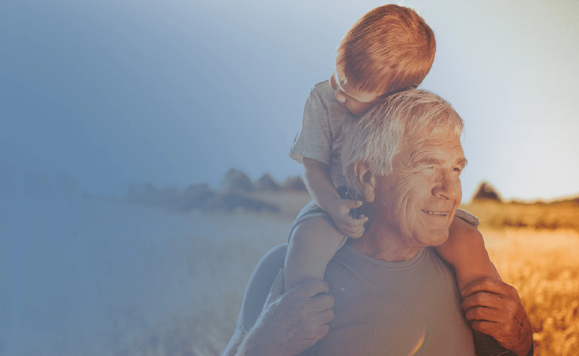 Grandpa holding little boy on his shoulders in a field